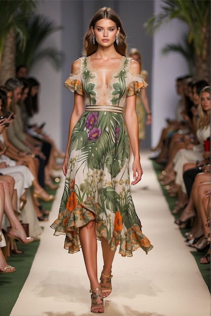 Etro couture short day dresses with short sleeves lace panels ruffles scoopneck palm leaf floral