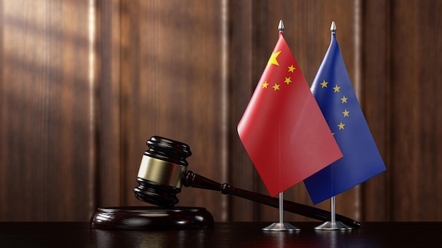 Eu european union and chinese flags international law legal system concept d render illustration