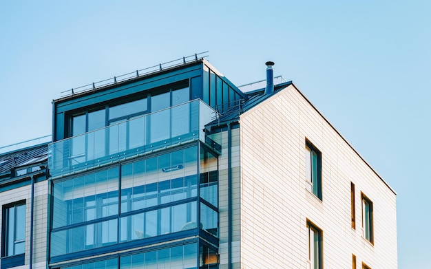 EU Facade of the block modern residential home  apartment house building. Including place for copy space