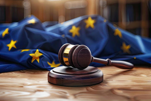 Photo eu flag and wooden gavel on table representing concept of law and justice