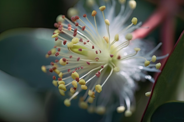 Eucalyptus blossom in closeup with its delicate petals and pollen visible