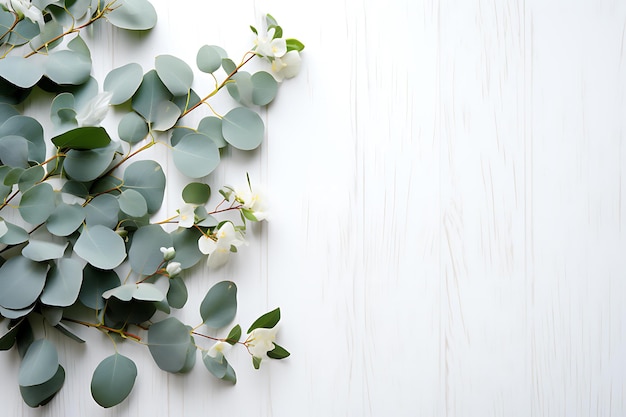 Eucalyptus branch with modern vase in mediterranean white surrounding