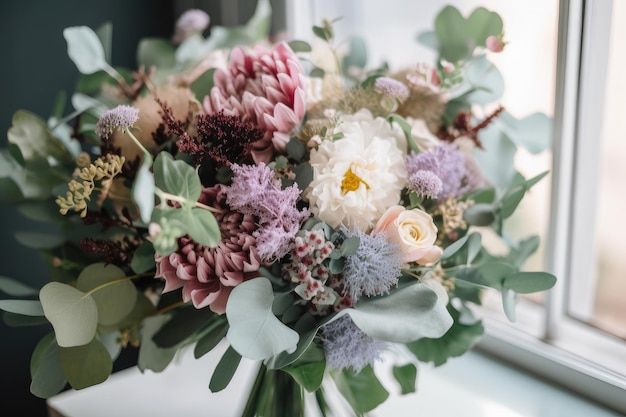 Eucalyptus flower bouquet with a mix of different blooms in varying shades