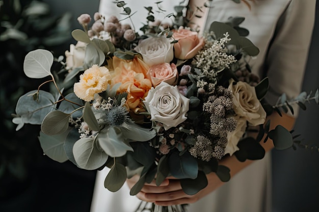 Eucalyptus flower bouquet with a mix of different blooms in varying shades