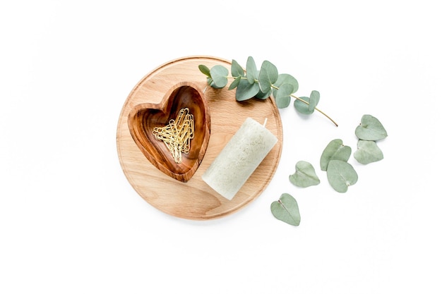 Eucalyptus green succulent candle leaves isolated on white background flat lay overhead view