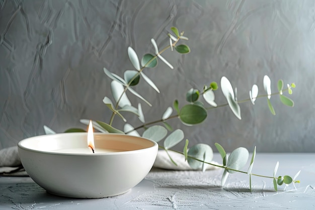 Eucalyptus leaf in white bowl with burning candle on gray background minimalist still life with soft