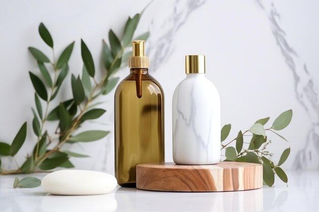 Eucalyptus oil brush and bottle of natural oils on white background design Generative AI