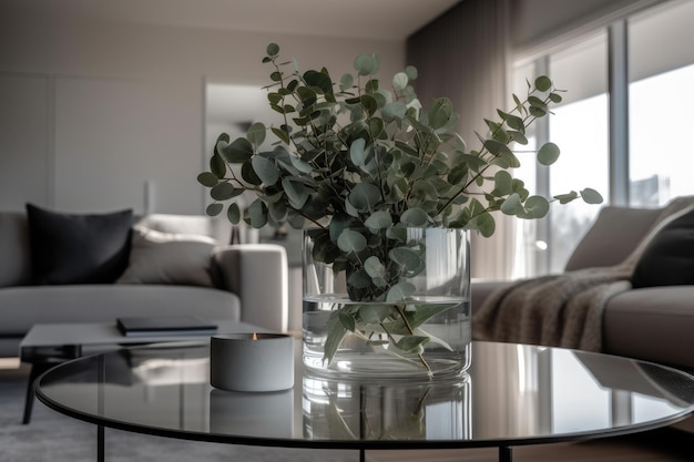 Eucalyptus With Fragrant Silvery Leaves In A Minimalist And Sleek Glass Vase In A Contemporary And Chic Apartment Generative AI