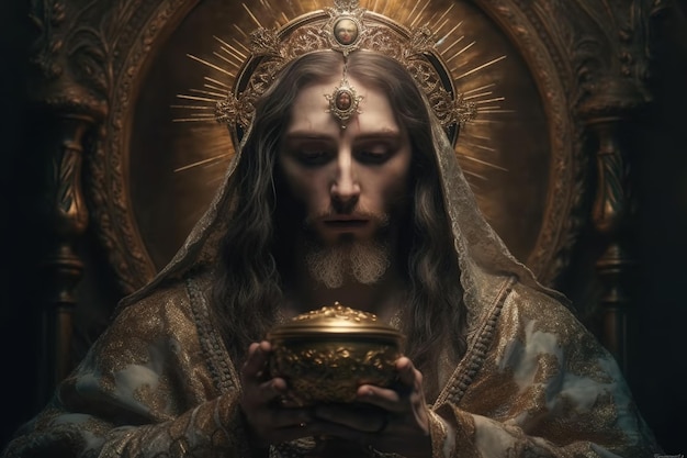 Eucharist Feast of Corpus Christi Jesus Christ in the monstrance present in the Sacrament of the Eucharist holy grail bronze and gold cup with christian and religious cross