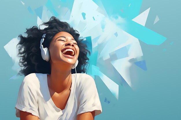 Photo euphoric entertainment jovial woman laughing to the rhythms in headphones