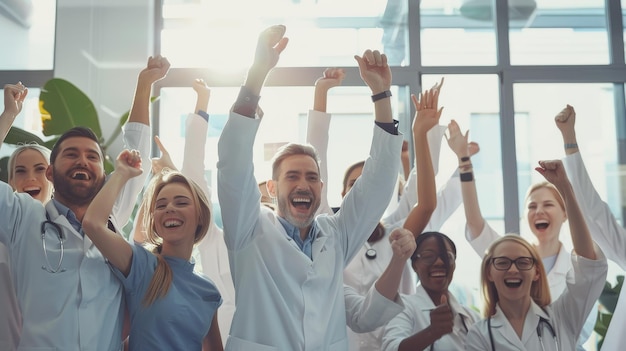 Photo a euphoric group of healthcare professionals in white coats celebrate joyfully together their arms raised high in triumph and camaraderie