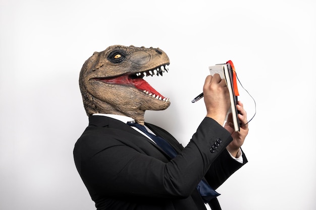 Euphoric man with T Rex head on a white isolated background Absurd and surreal funny concept