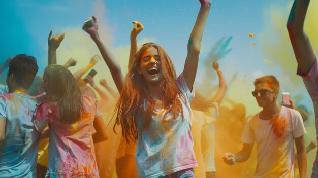 Euphoric young woman with vibrant powder paint exploding in joy at a colorful Holi festival