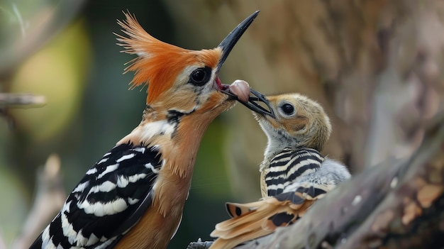 Photo eurasian hoopoe bird feeding juvenile