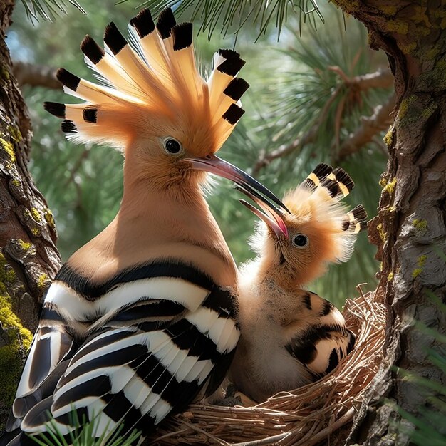 Eurasian hoopoe feeding chick inside tree