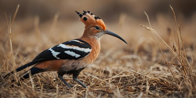 Photo eurasian hoopoe resting on ground among dry grass