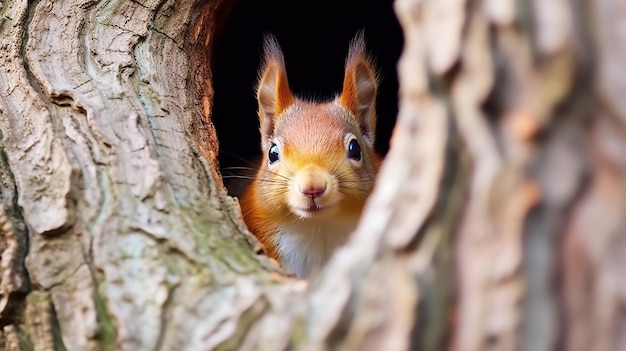 Eurasian Red Squirrel Sciurus vulgaris in a hollow generative AI