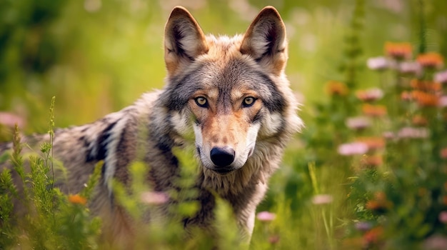 Eurasian wolf in the forest closeup