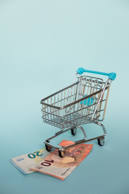 Euro banknotes and shopping cart on blue. Financial and buying concept.