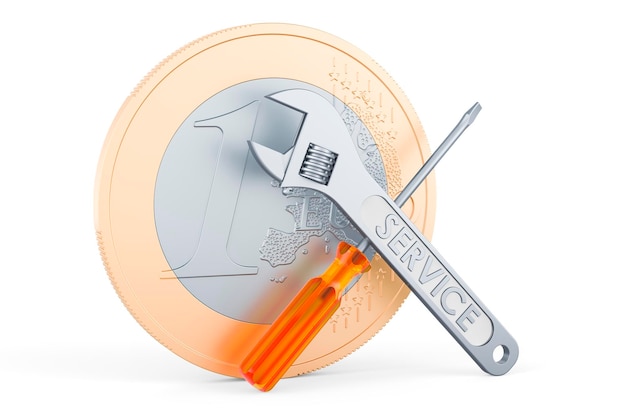 Euro coin with screwdriver and wrench 3D rendering