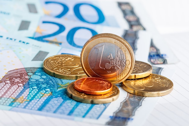 Euro coins and banknotes. European money, official currency of 19 of 28 member states of the European Union.