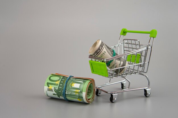 euro and dolar banknotes in rolls with supermarket trolley on gray background