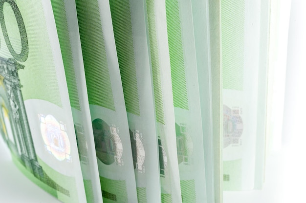 Euro money, Euro cash background. Banknotes of the european union on a white background. Close up. Shallow depth of field.