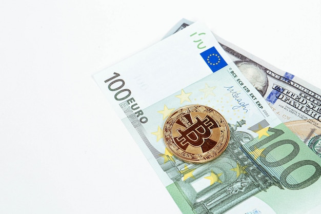 Euro US Dollars and bitcoin coin