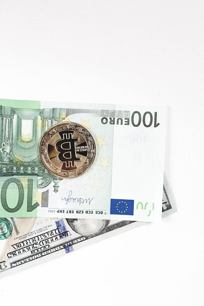 Euro, US Dollars and bitcoin coin