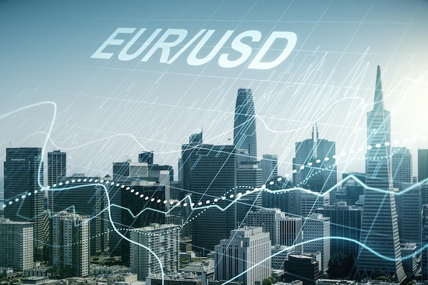 EURO USD financial graph illustration on San Francisco cityscape background forex and currency concept Multiexposure