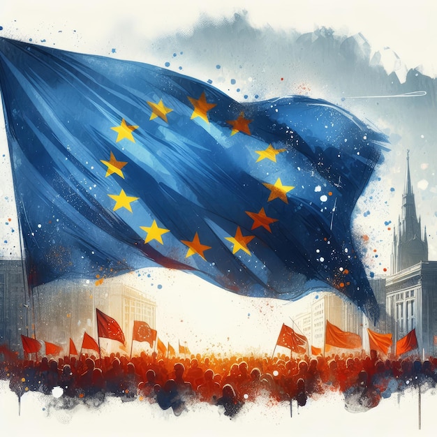 Europe day illustration with waving european union flag