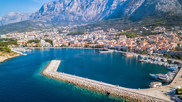 Europe. Makarska. Croatia. Coast, Bay and historic center view from the height