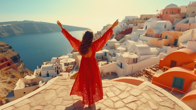 Europe travel vacation fun summer woman dancing in freedom with arms up happy in Oia Generative AI