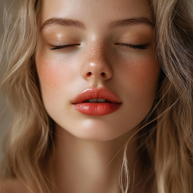 Photo a european beautiful girl face with pink plump lips closeup shot