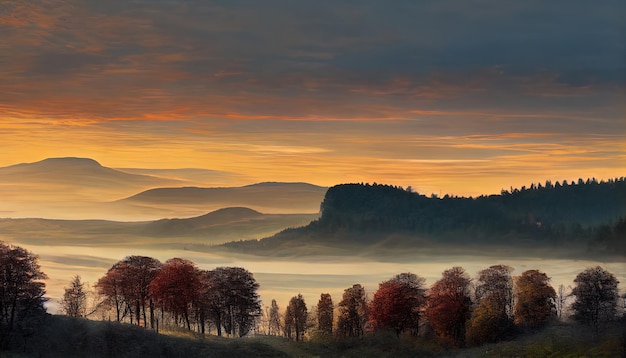 European Beech Fagus sylvatica at dawn on the Schauinsland with view of the Belchen Generative Ai