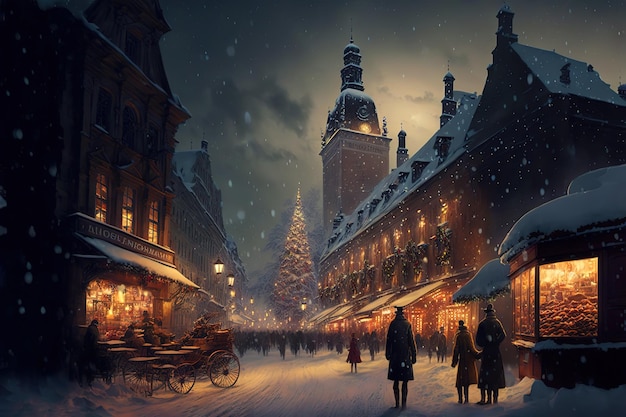 European Christmas market and snow in the night