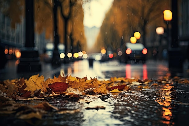 European city rainy street blurred view with yellow autumn trees