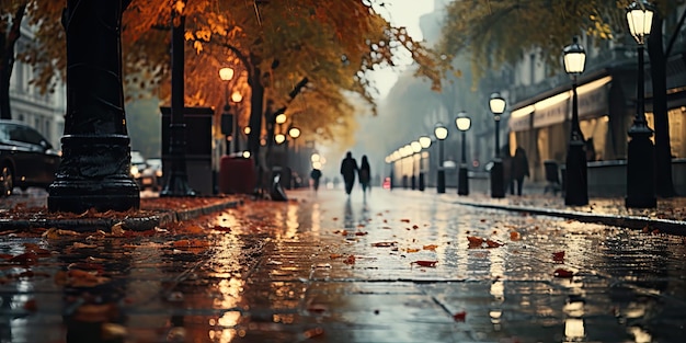 European city rainy street blurred view with yellow autumn trees