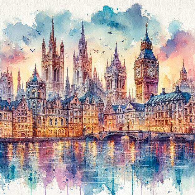 European cityscape watercolor illustration