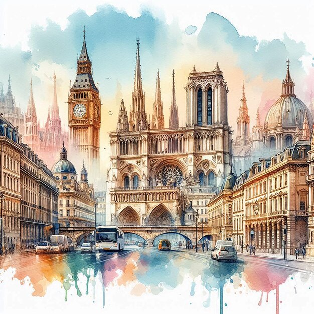 European cityscape watercolor illustration