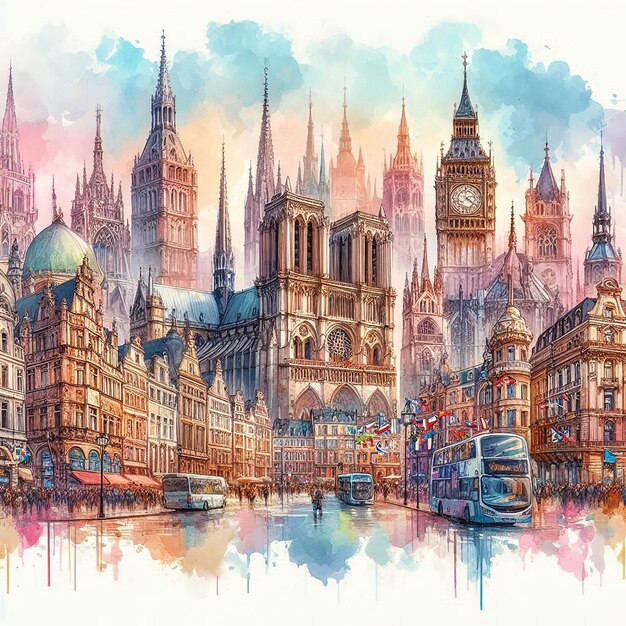 European cityscape watercolor illustration