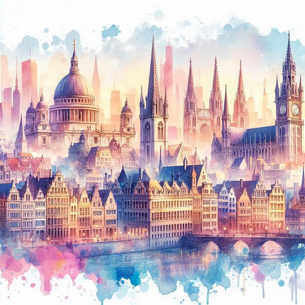 European cityscape watercolor illustration