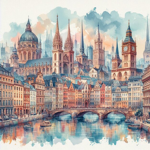 European cityscape watercolor illustration