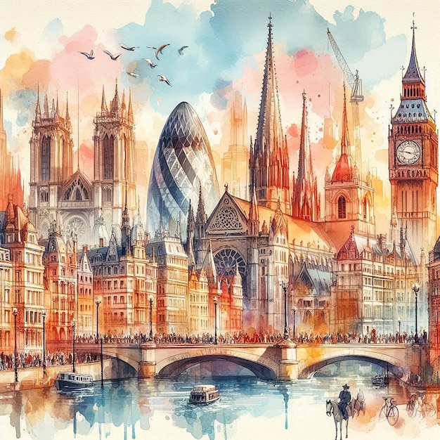 European cityscape watercolor illustration