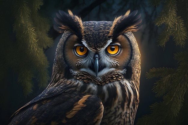 European eagle owl perched on a post and staring forward against a dark background the eyes are