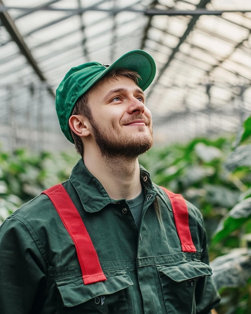 Photo european engineer in modern uniform rejoicing in greenhouse on bright day