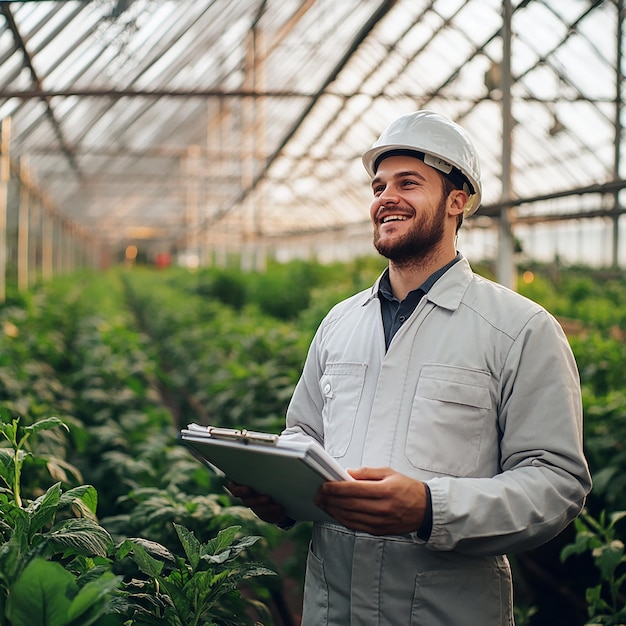 European Engineer in Modern Uniform Rejoicing in Greenhouse on Bright Day