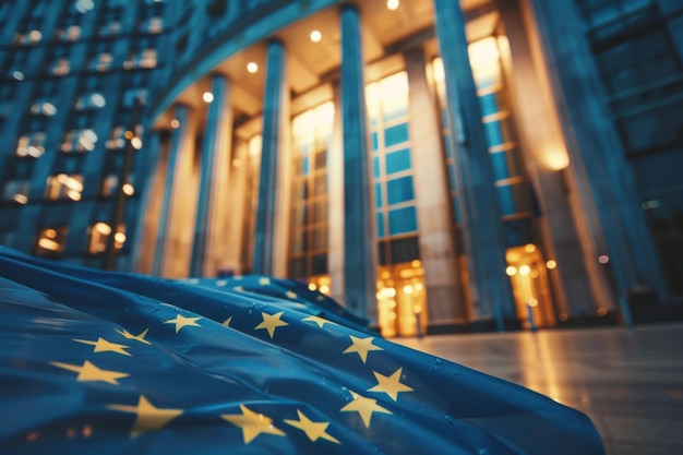 A European flag flies proudly in front of a majestic building symbolizing unity and presence