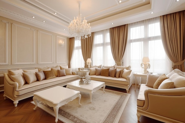 European interior design of the living room of an apartment house warm colors brown beige soft