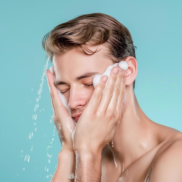 Photo european man washing his face with clean water on a flat color background generative ai art